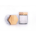 Customized Clear 380ml Hexagonal Glass Honey Jars glass food storage jar With Wooden Lids